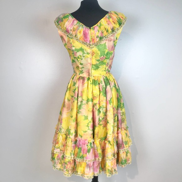 Vintage Chez Bea Square Dance Yellow Floral Dress - Picture 2 of 11